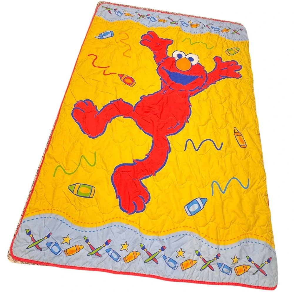 Y2K Sesame Street Elmo Comforter Toddler Size Yellow Quilt Crayon Primary Colors